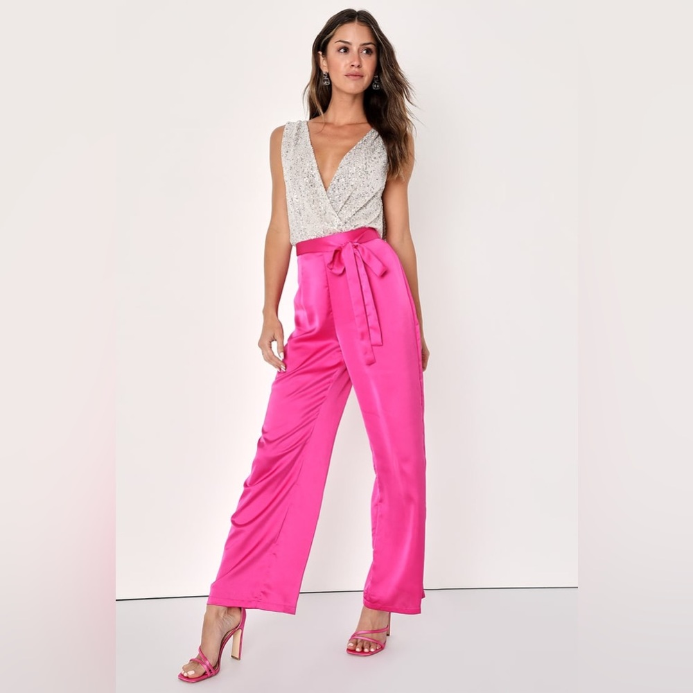 NEW: Lulus Truest Trend Fuchsia Satin Paper Bag Wide-Leg Pants